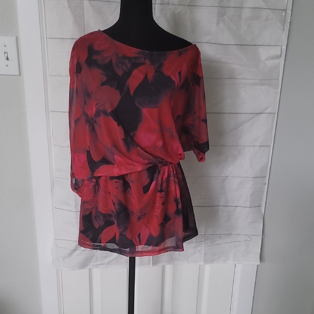 SHEIN Red and Black Floral Sheer Blouson Top